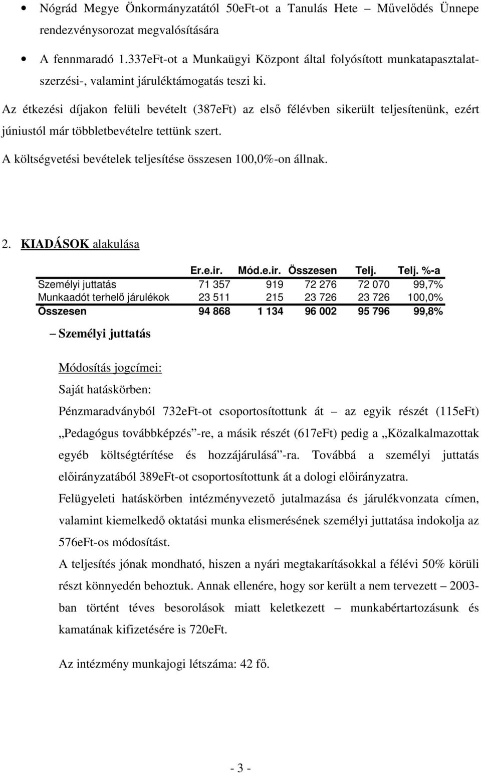 Az étkezési díjakon felüli bevételt (387eFt) az elsı félévben sikerült teljesítenünk, ezért júniustól már többletbevételre tettünk szert.