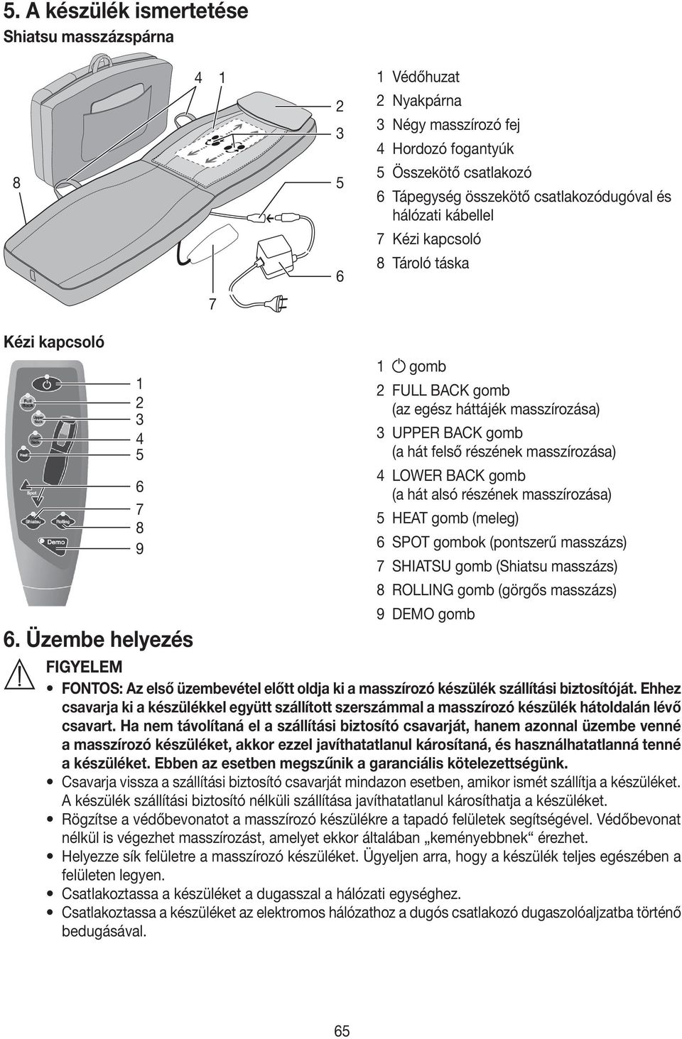 Üzembe helyezés 7 1 gomb 2 FULL BACK gomb (az egész háttájék masszírozása) 3 UPPER BACK gomb (a hát felső részének masszírozása) 4 LOWER BACK gomb (a hát alsó részének masszírozása) 5 HEAT gomb