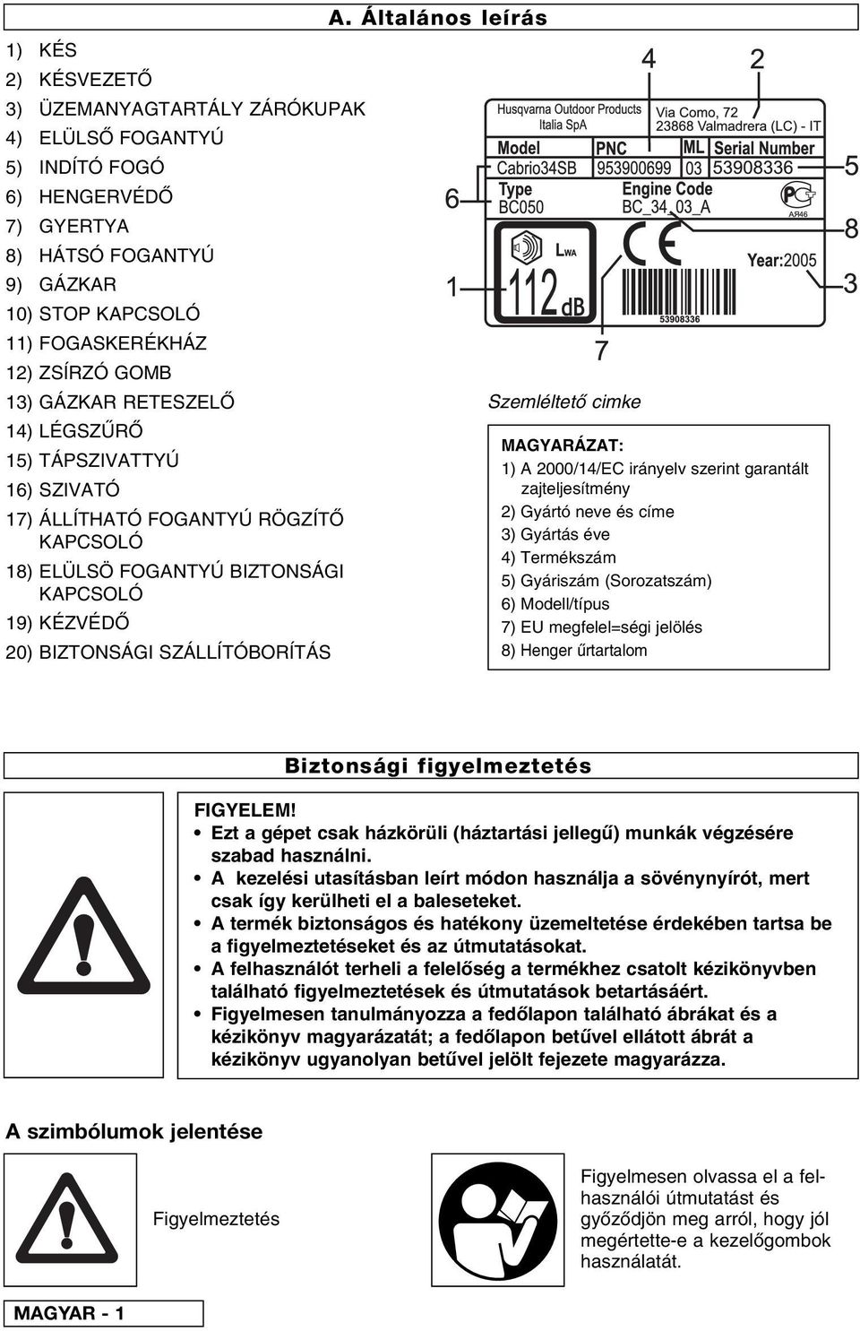 Általános leírás Szemléltet cimke MAGYARÁZAT: 1) A 2000/14/EC irányelv szerint garantált zajteljesítmény 2) Gyártó neve és címe 3) Gyártás éve 4) Termékszám 5) Gyáriszám (Sorozatszám) 6) Modell/típus