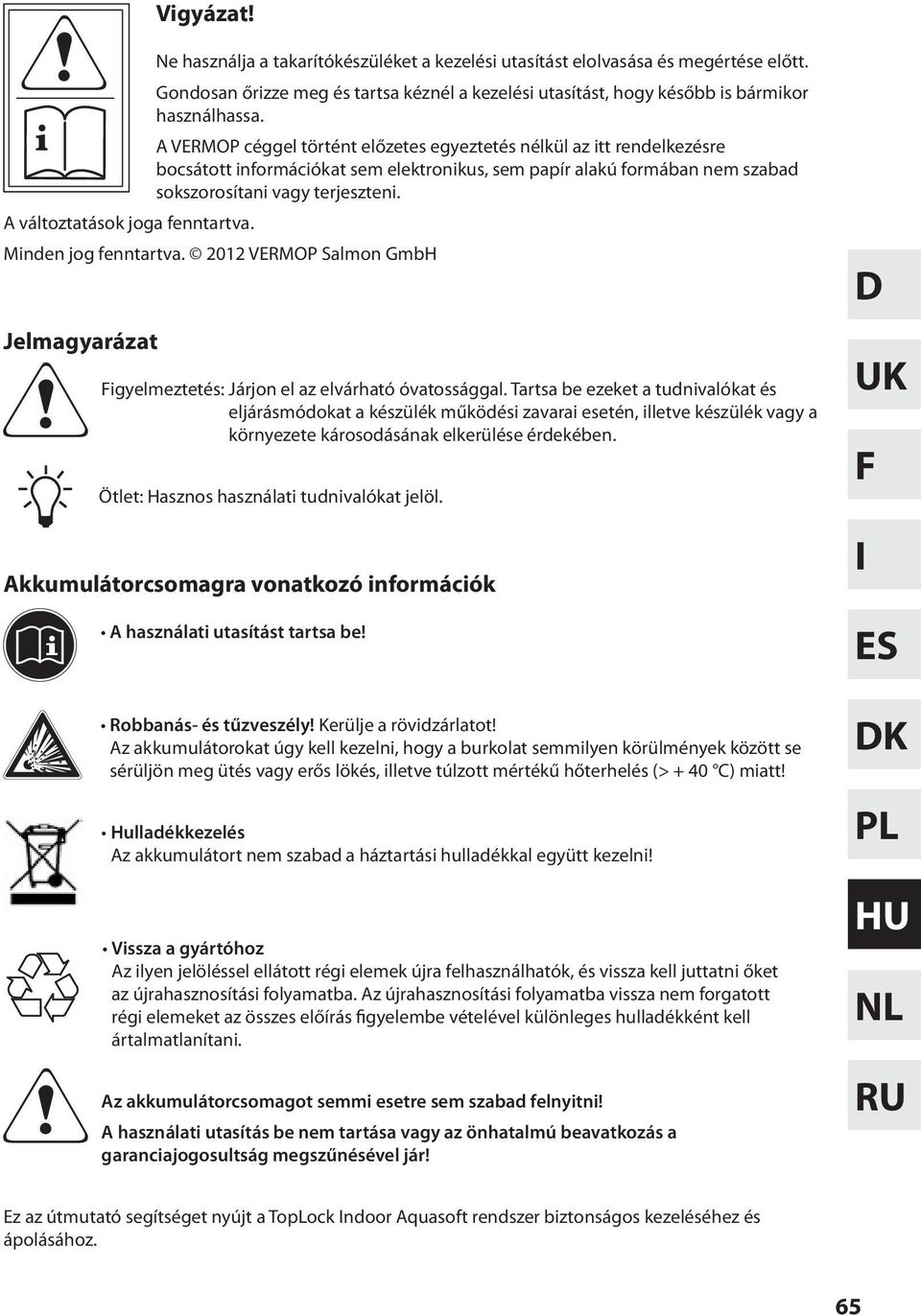 A változtatások joga fenntartva. Minden jog fenntartva. 2012 VERMOP Salmon GmbH Jelmagyarázat igyelmeztetés: Járjon el az elvárható óvatossággal.