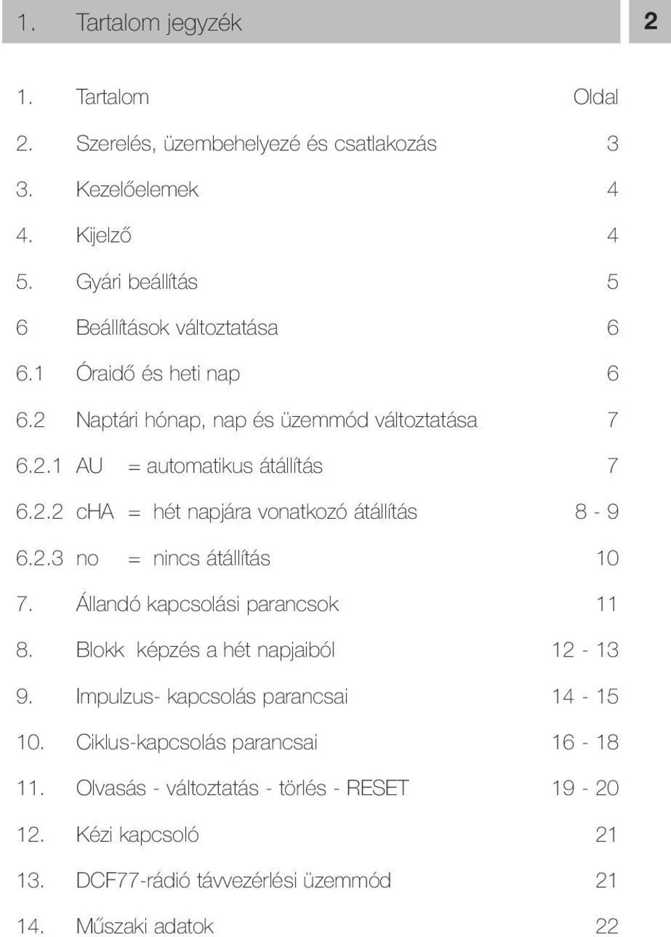 2.2 cha = hét napjára vonatkozó átállítás 8-9 6.2.3 no = nincs átállítás 10 7. Állandó kapcsolási parancsok 11 8. Blokk képzés a hét napjaiból 12-13 9.