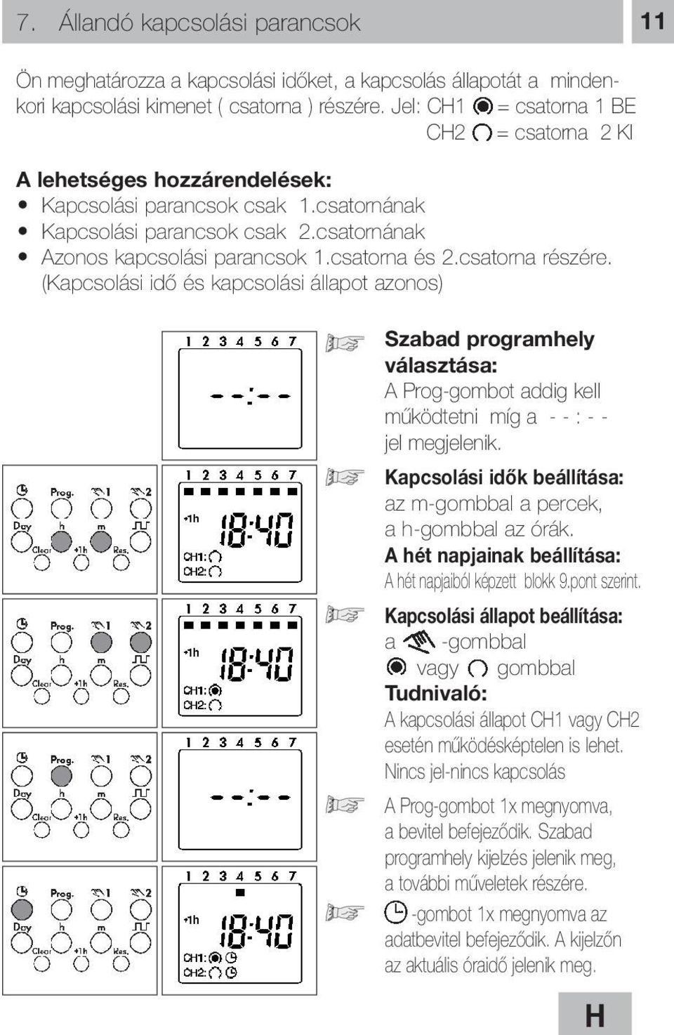 csatorna részére. (Kapcsolási idő és kapcsolási állapot azonos) Szabad programhely választása: A Prog-gombot addig kell működtetni míg a - - : - - jel megjelenik.