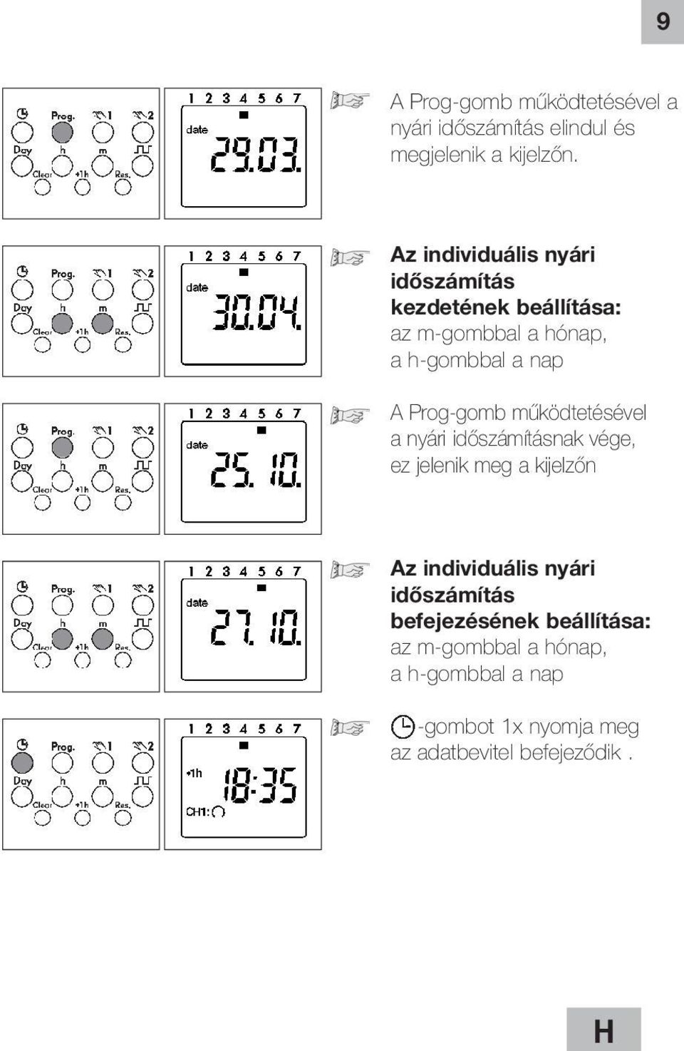 Prog-gomb működtetésével a nyári időszámításnak vége, ez jelenik meg a kijelzőn Az individuális nyári