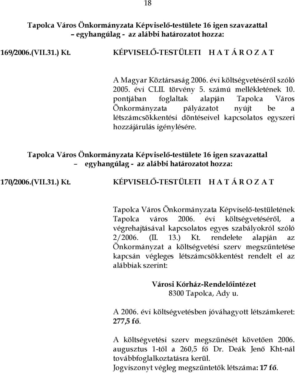 Tapolca Város Önkormányzata Képviselő-testülete 16 igen szavazattal 170/2006.(VII.31.) Kt. KÉPVISELŐ-TESTÜLETI H A T Á R O Z A T Tapolca Város Önkormányzata Képviselő-testületének Tapolca város 2006.