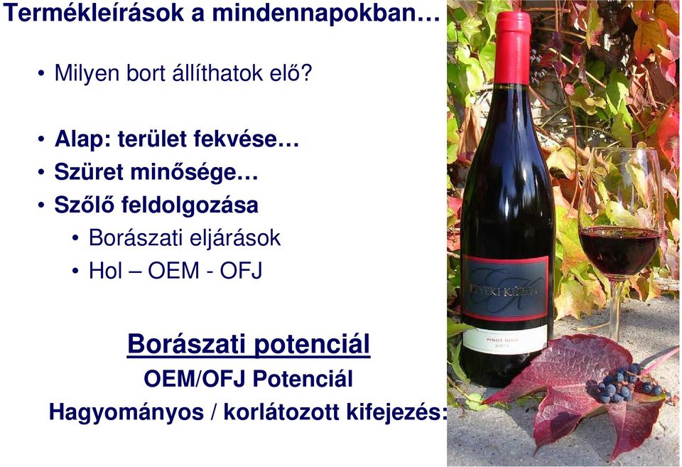 feldolgozása Borászati eljárások Hol OEM - OFJ Borászati
