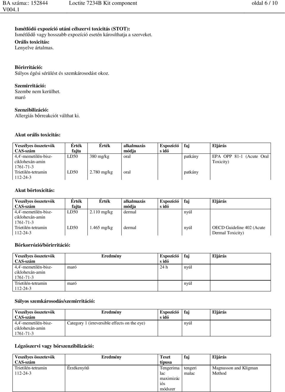 Akut orális toxicitás: Érték fajta Érték alkalmazás módja Expozíció s idő faj LD50 380 mg/kg oral patkány EPA OPP 81-1 (Acute Oral Toxicity) LD50 2.