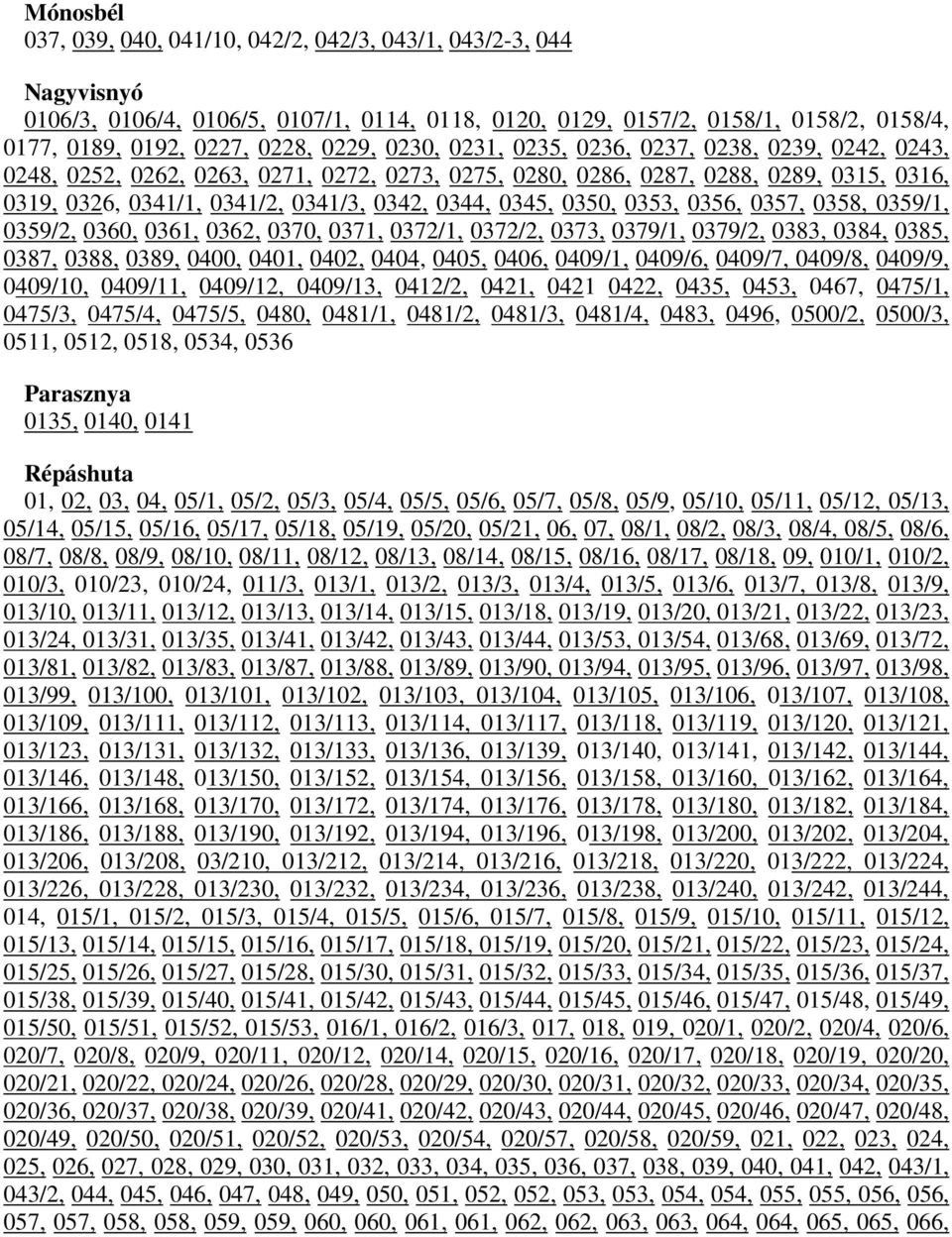 0345, 0350, 0353, 0356, 0357, 0358, 0359/1, 0359/2, 0360, 0361, 0362, 0370, 0371, 0372/1, 0372/2, 0373, 0379/1, 0379/2, 0383, 0384, 0385, 0387, 0388, 0389, 0400, 0401, 0402, 0404, 0405, 0406, 0409/1,