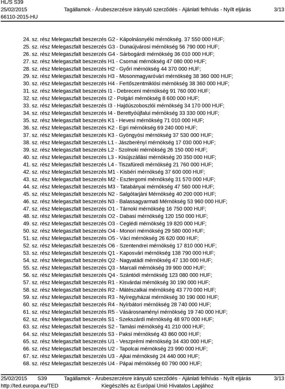 sz. rész Melegaszfalt beszerzés H4 - Fertőszentmiklósi mérnökség 38 360 000 HUF; 31. sz. rész Melegaszfalt beszerzés I1 - Debreceni mérnökség 91 760 000 HUF; 32. sz. rész Melegaszfalt beszerzés I2 - Polgári mérnökség 8 600 000 HUF; 33.