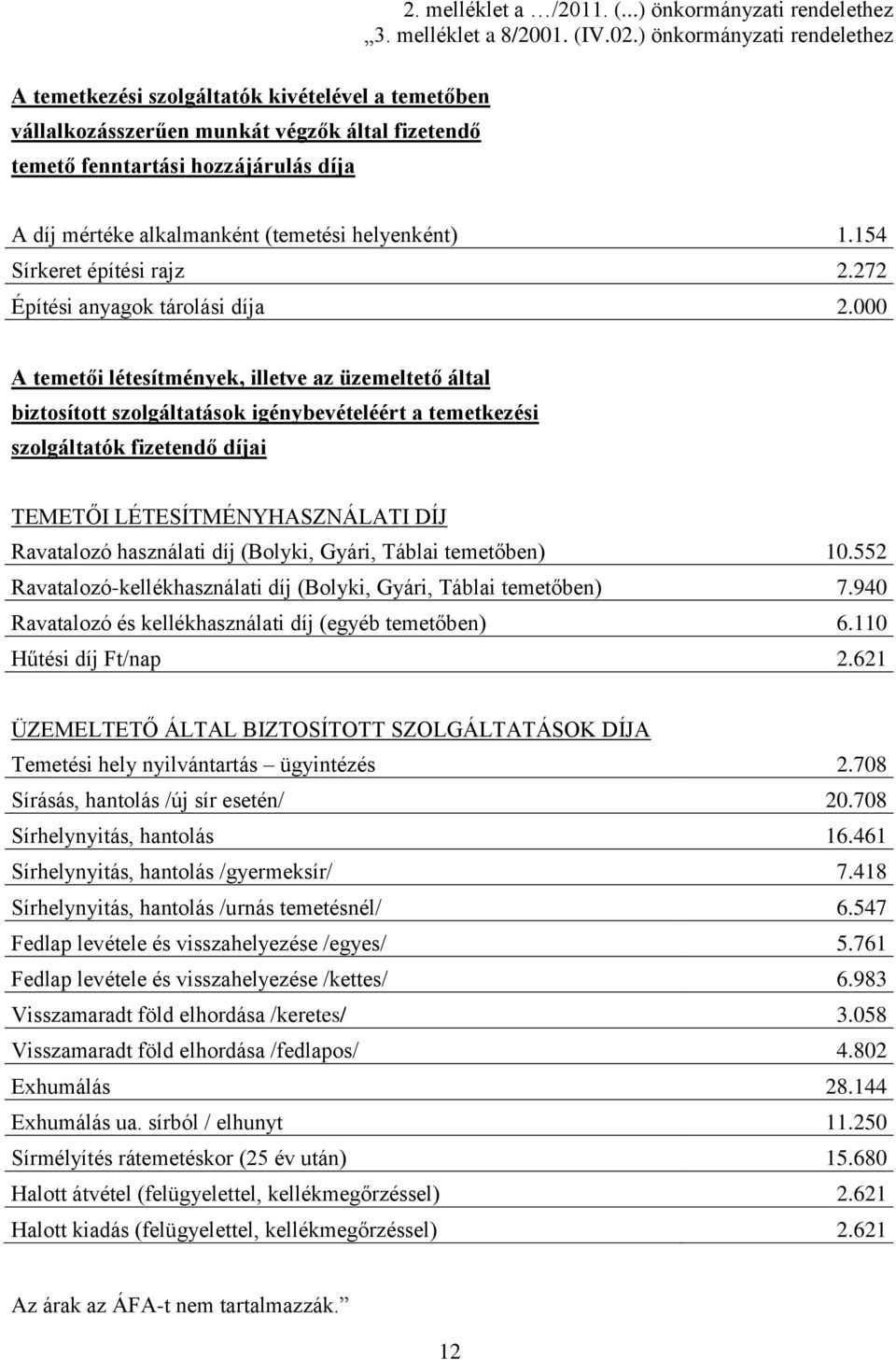 (temetési helyenként) 1.154 Sírkeret építési rajz 2.272 Építési anyagok tárolási díja 2.