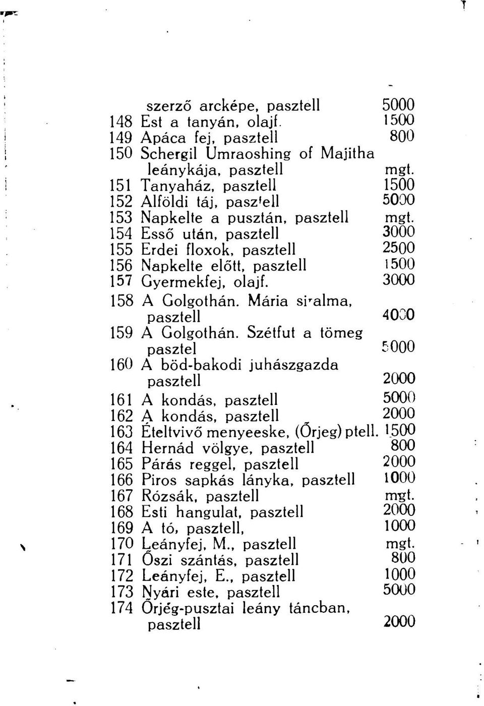 154 Esső után, pasztell 3000 155 Erdei floxok, pasztell 2500 156 Napkelte előtt, pasztell 157 Gyermekfej, olajf. 3000 158 A Golgothán. Mária si r alma, pasztell 4030 159 A Golgothán.