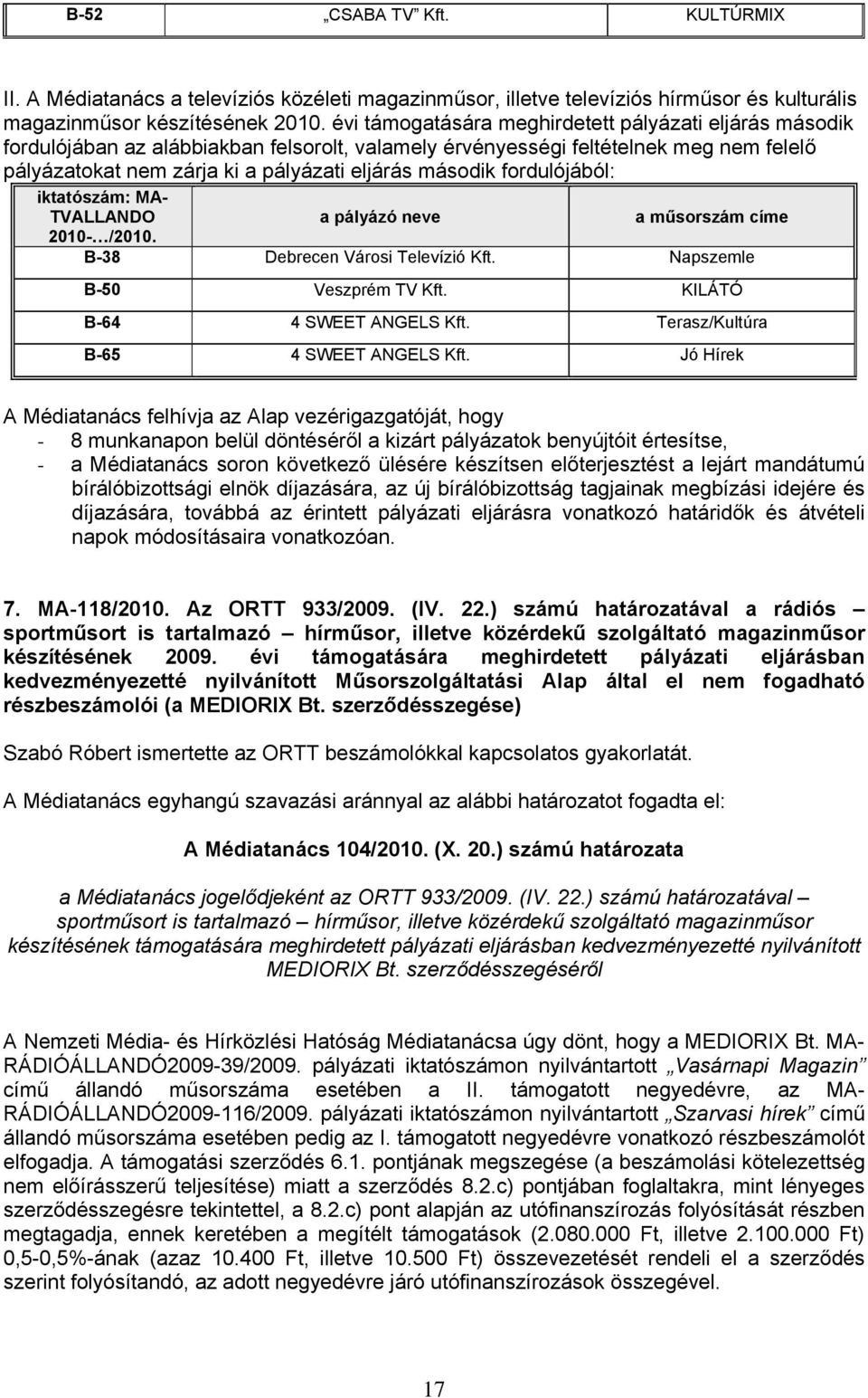 fordulójából: iktatószám: MA- TVALLANDO a pályázó neve a műsorszám címe 2010- /2010. B-38 Debrecen Városi Televízió Kft. Napszemle B-50 Veszprém TV Kft. KILÁTÓ B-64 4 SWEET ANGELS Kft.