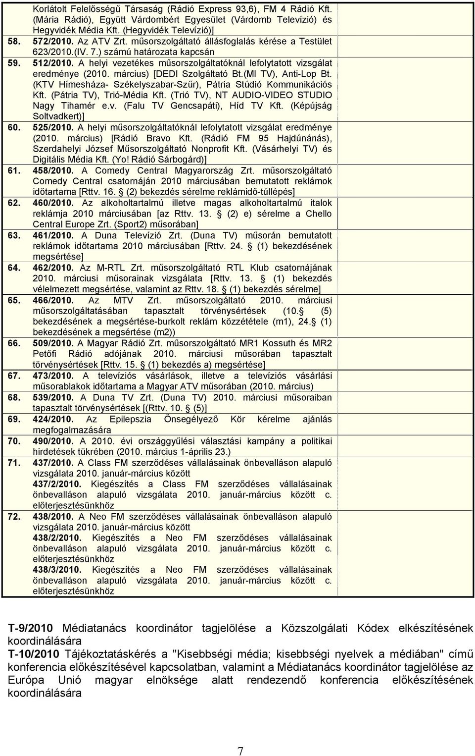 március) [DEDI Szolgáltató Bt.(Ml TV), Anti-Lop Bt. (KTV Hímesháza- Székelyszabar-Szűr), Pátria Stúdió Kommunikációs Kft. (Pátria TV), Trió-Média Kft. (Trió TV), NT AUDIO-VIDEO STUDIO Nagy Tihamér e.