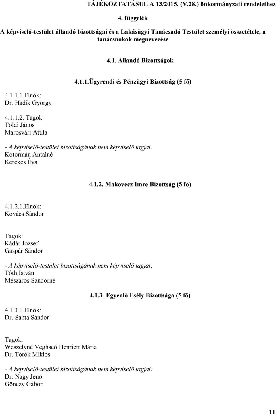 1.2. Makovecz Imre Bizottság (5 fő) 4.1.2.1.Elnök: Kovács Sándor Tagok: Kádár József Gáspár Sándor - A képviselő-testület bizottságának nem képviselő tagjai: Tóth István Mészáros Sándorné 4.1.3.1.Elnök: Dr.