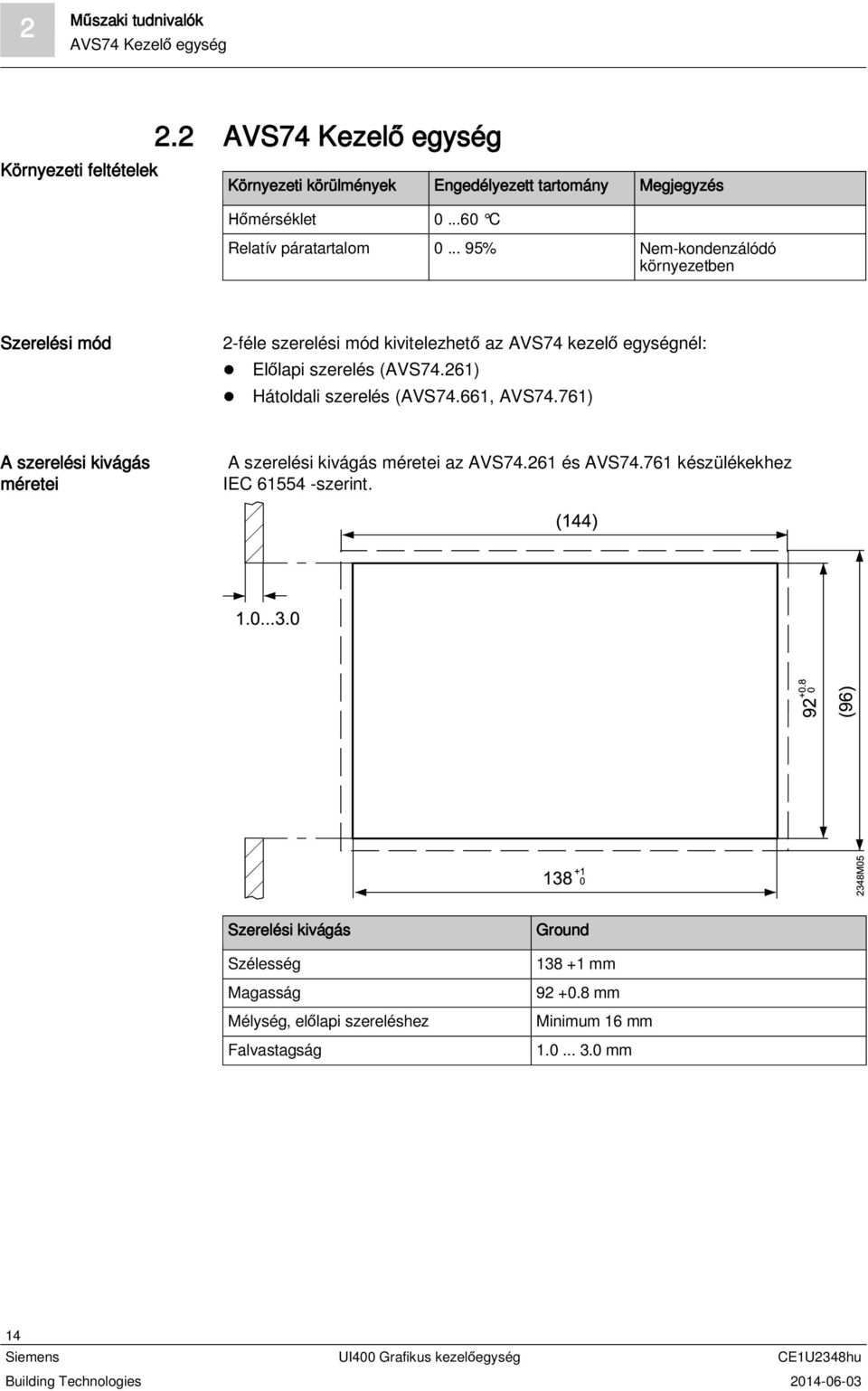 .. 95% Nem-kondenzálódó környezetben Szerelési mód 2-féle szerelési mód kivitelezhető az AVS74 kezelő egységnél: Előlapi szerelés (AVS74.