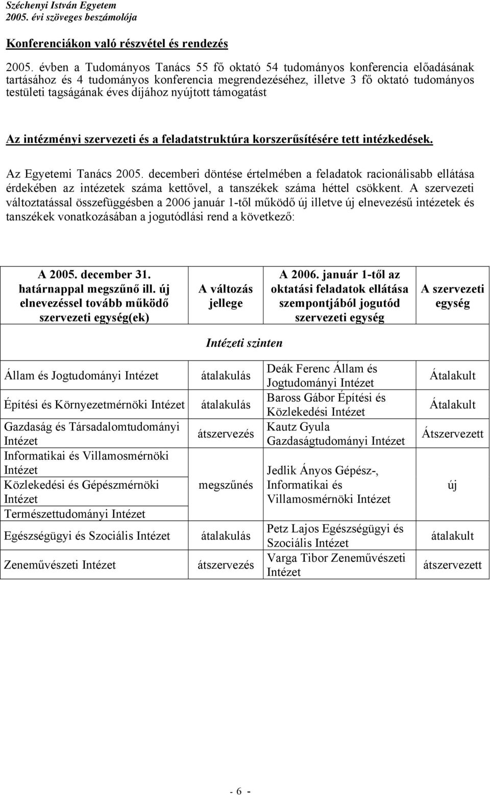 nyújtott támogatást Az intézményi szervezeti és a feladatstruktúra korszerűsítésére tett intézkedések. Az Egyetemi Tanács 2005.