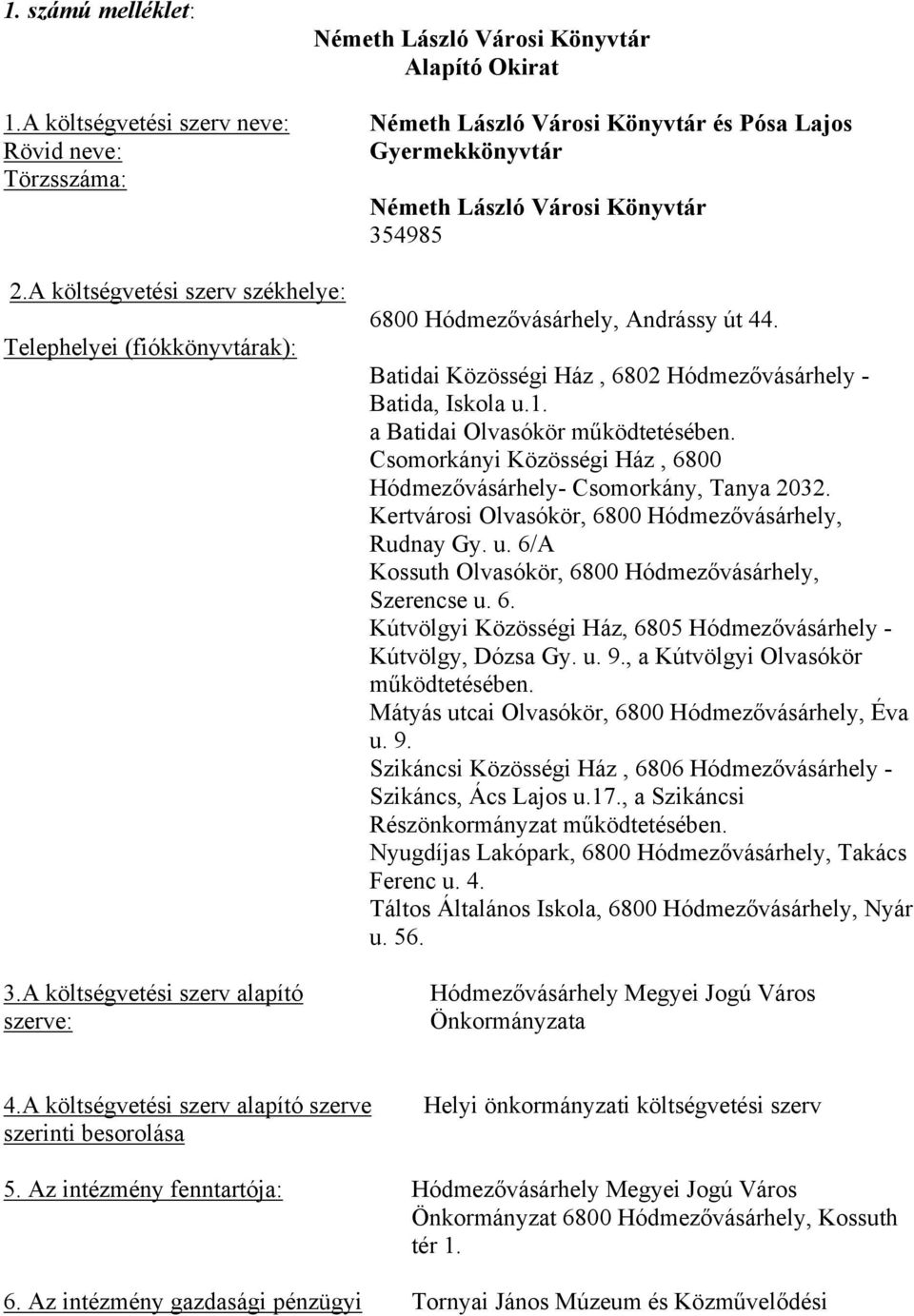 A költségvetési szerv székhelye: Telephelyei (fiókkönyvtárak): 3.A költségvetési szerv alapító szerve: 6800 Hódmezővásárhely, Andrássy út 44.