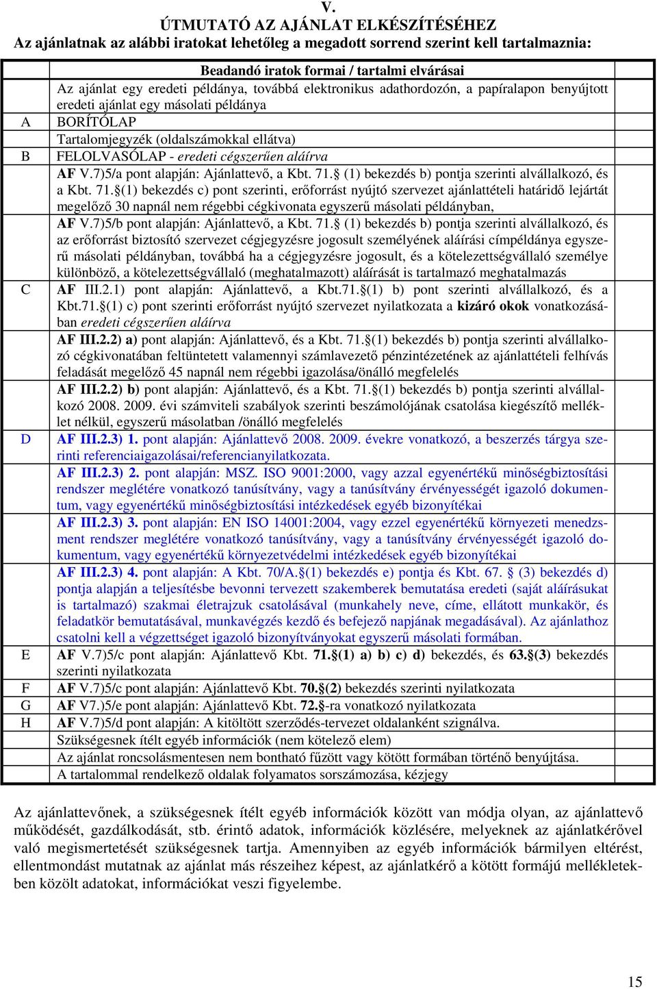 cégszerően aláírva AF V.7)5/a pont alapján: Ajánlattevı, a Kbt. 71.