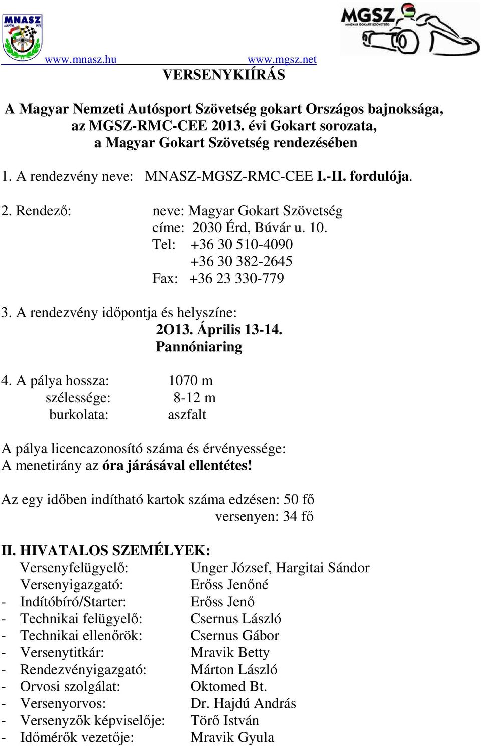 A rendezvény időpontja és helyszíne: 2O13. Április 13-14. Pannóniaring 4.