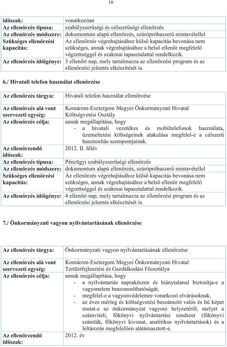 rendelkezik. Az ellenrzés idigénye: 3 ellenri nap, mely tartalmazza az ellenrzési program és az ellenrzési jelentés elkészítését is.