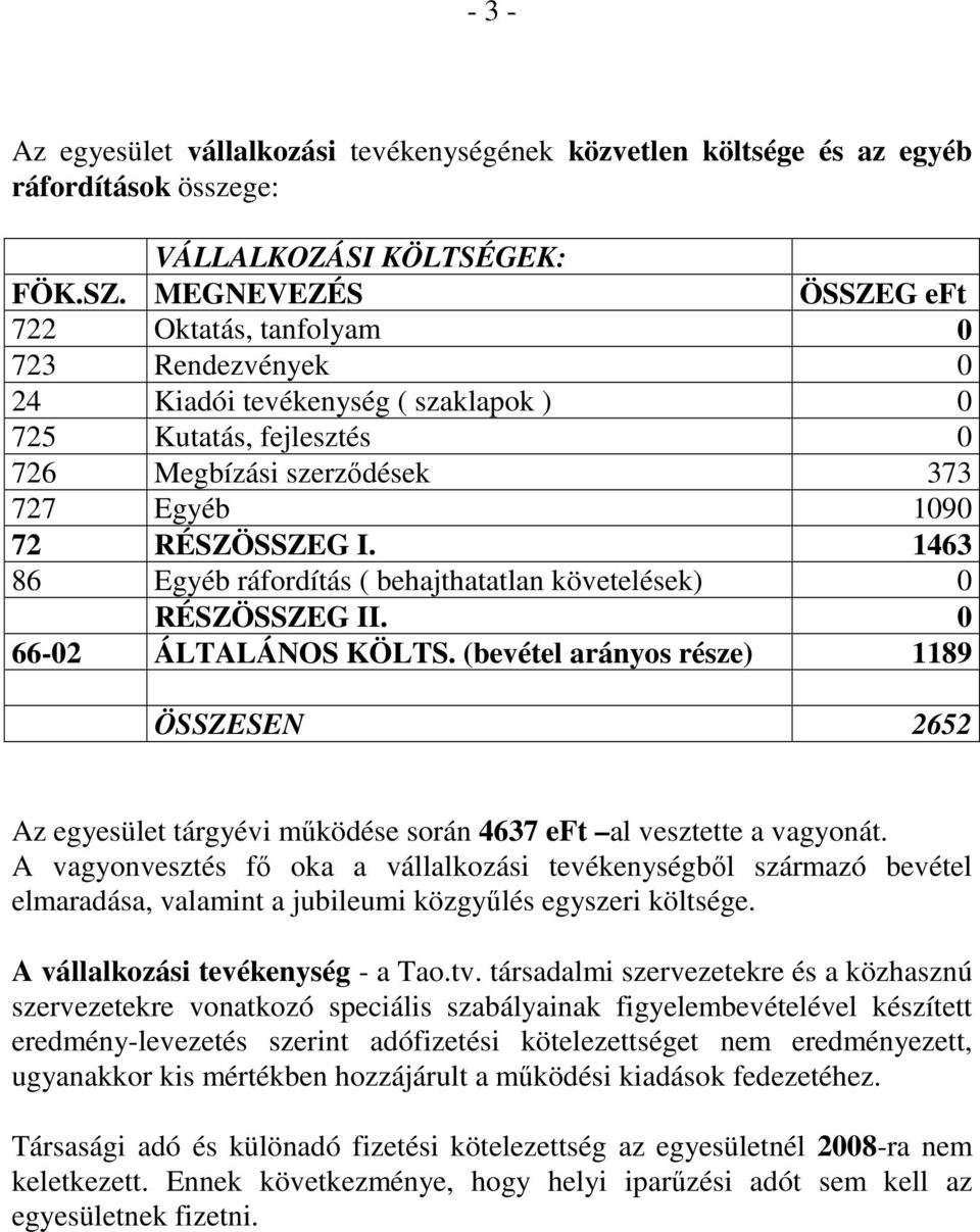 (bevétel arányos része) 1189 ÖSSZESEN 2652 Az egyesület tárgyévi mőködése során 4637 eft al vesztette a vagyonát.