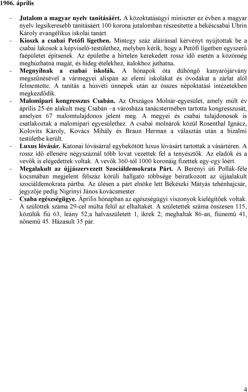 - Kioszk a csabai Petőfi ligetben. Mintegy száz aláírással kérvényt nyújtottak be a csabai lakosok a képviselő-testülethez, melyben kérik, hogy a Petőfi ligetben egyszerű faépületet építsenek.