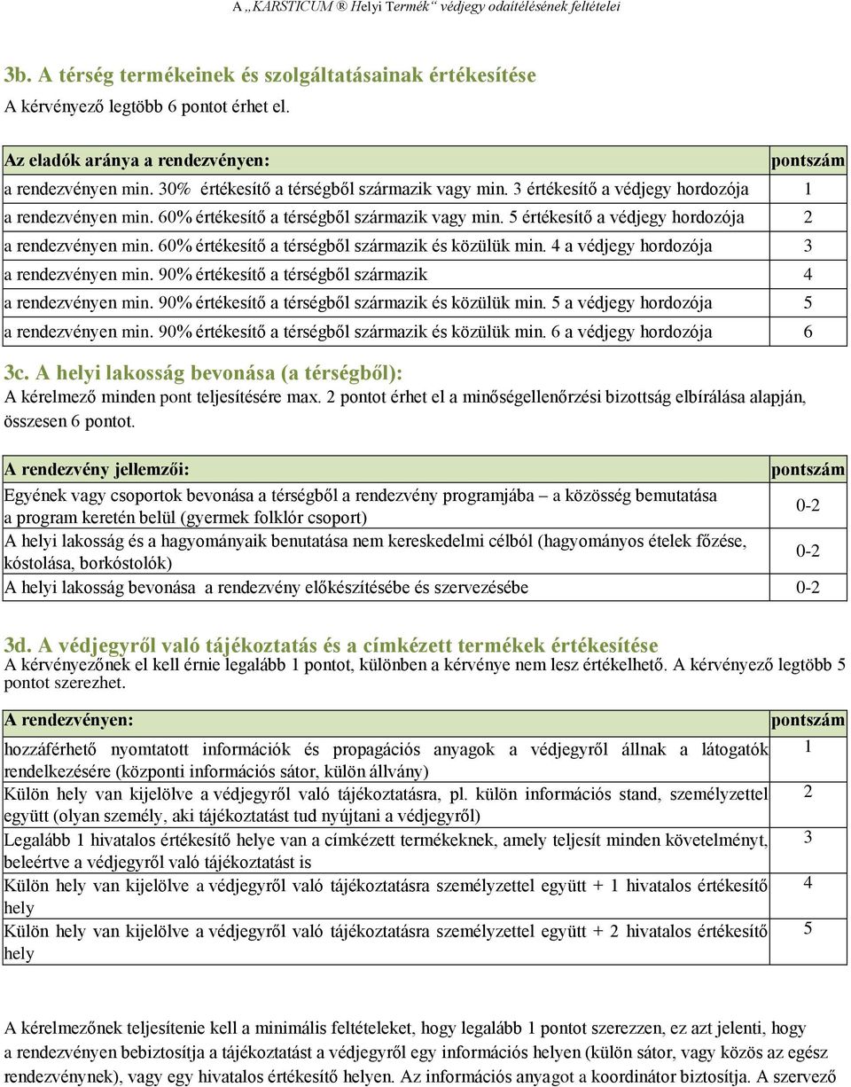 60% értékesítő a térségből származik és közülük min. 4 a védjegy hordozója 3 a rendezvényen min. 90% értékesítő a térségből származik 4 a rendezvényen min.