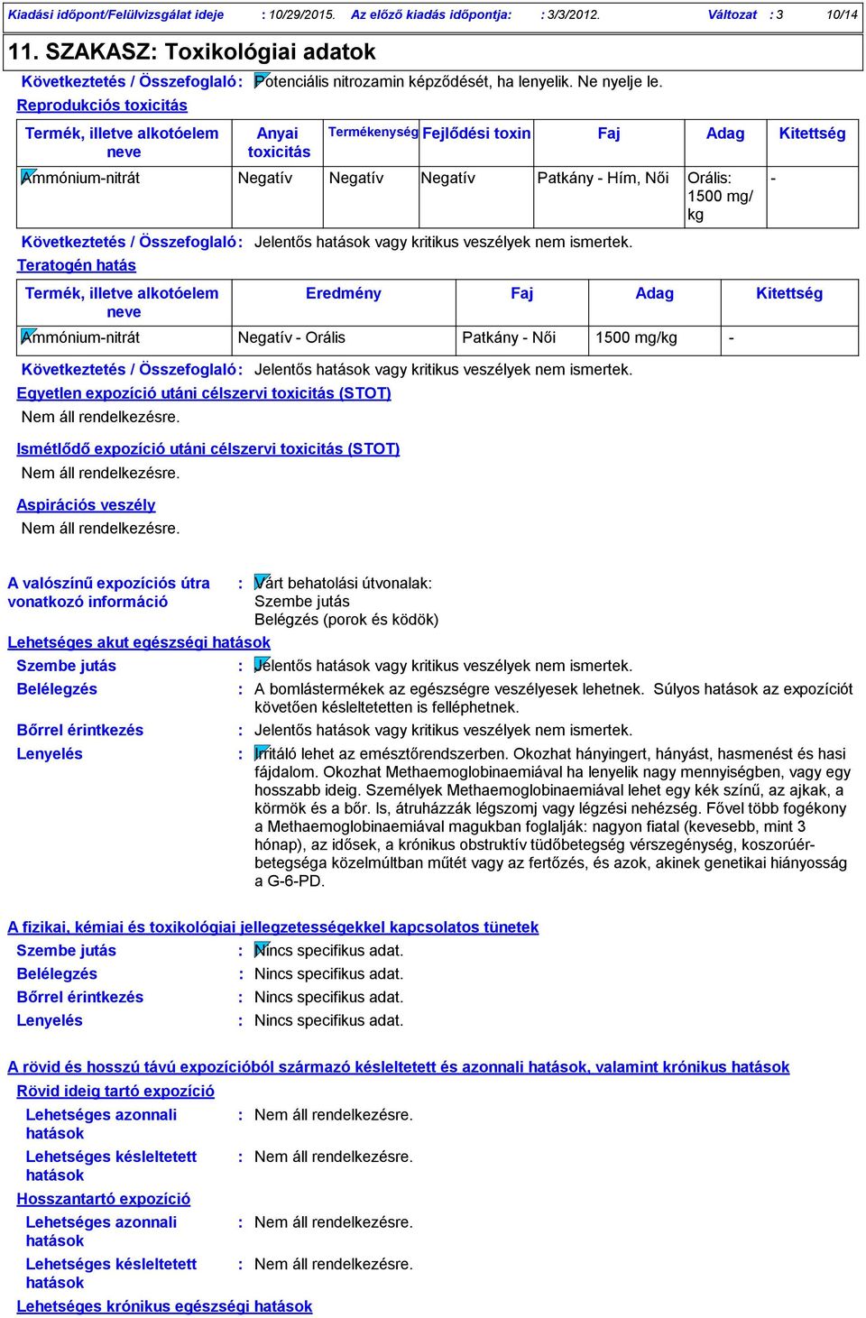 Reprodukciós toxicitás Anyai toxicitás Termékenység Fejlődési toxin Faj Adag Ammóniumnitrát Negatív Negatív Negatív Patkány Hím, Női Orális 1500 mg/ kg Kitettség Következtetés / Összefoglaló Jelentős