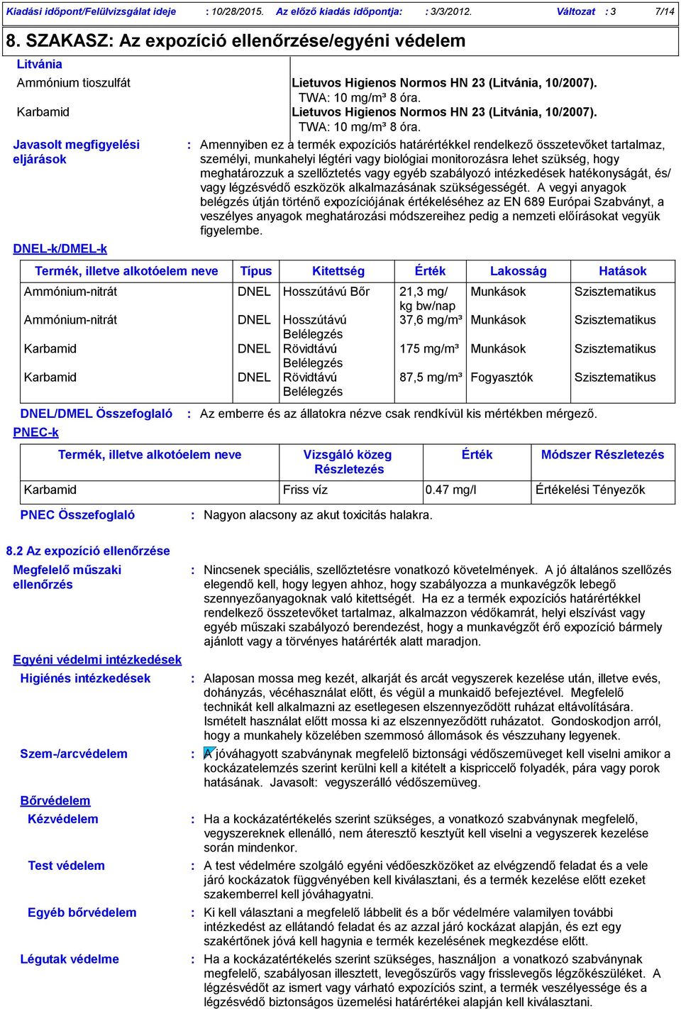 Karbamid Lietuvos Higienos Normos HN 23 (Litvánia, 10/2007). TWA 10 mg/m³ 8 óra.