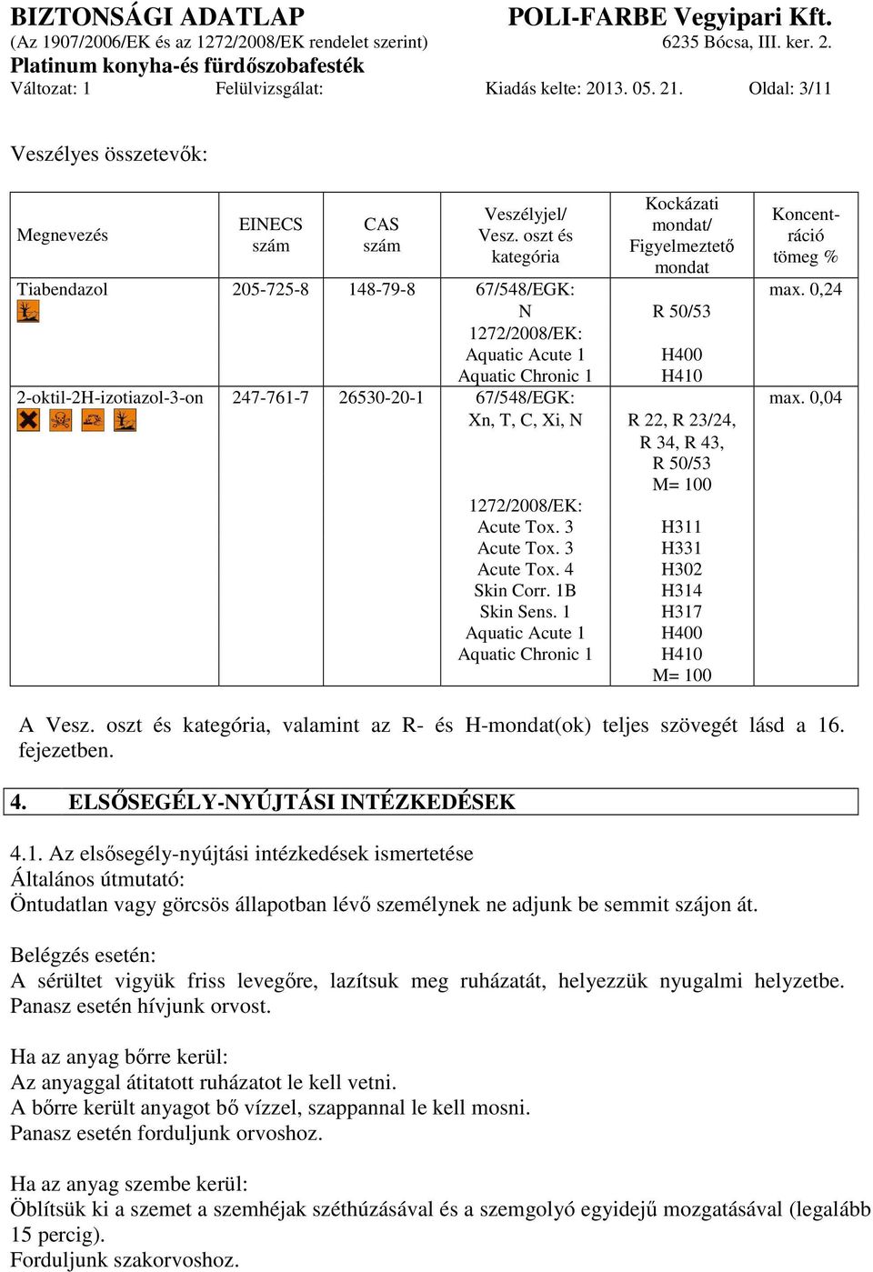 0,24 N R 50/53 1272/2008/EK: Aquatic Acute 1 H400 Aquatic Chronic 1 H410 2-oktil-2H-izotiazol-3-on 247-761-7 26530-20-1 67/548/EGK: max.