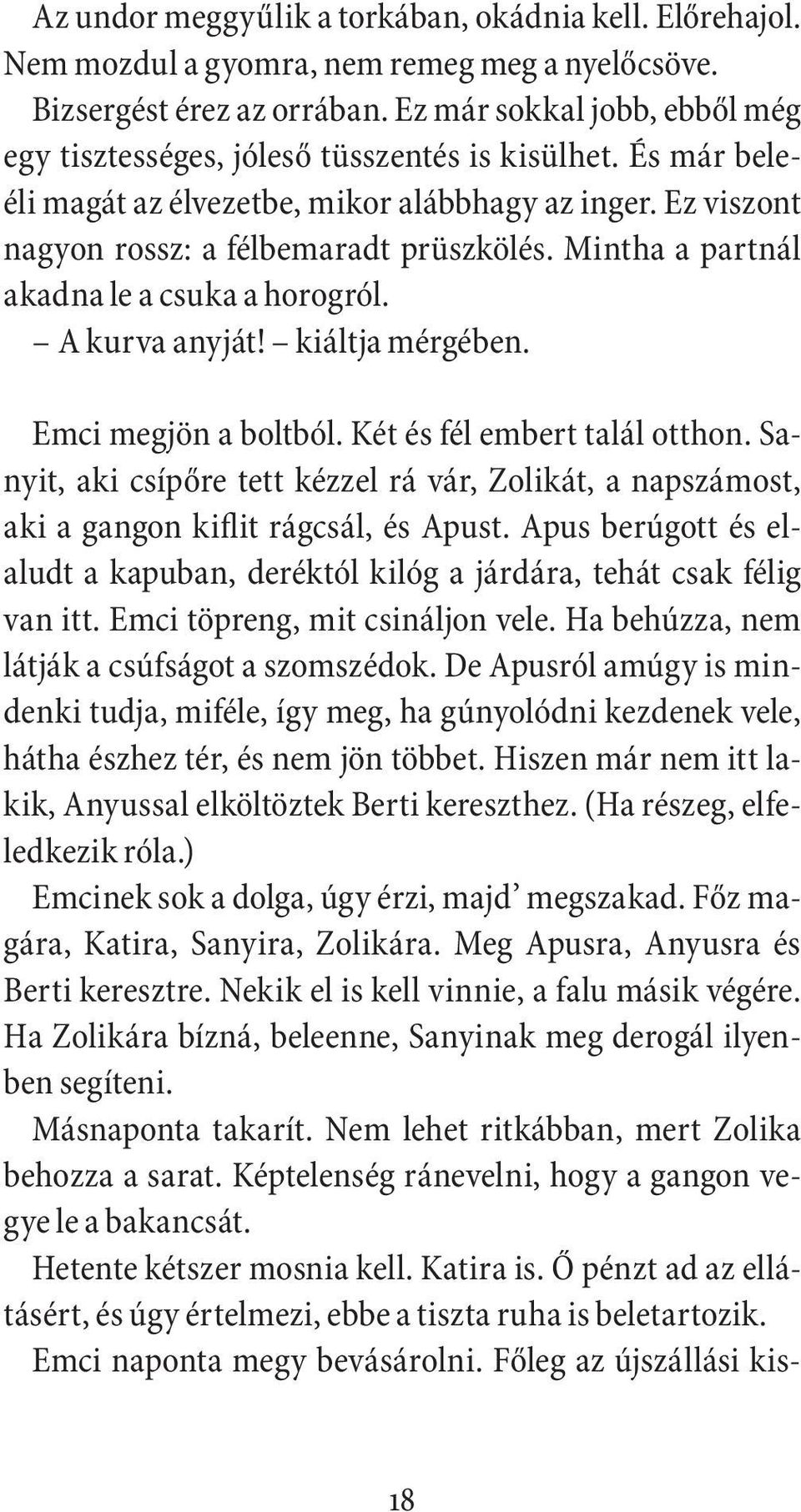 Mintha a partnál akadna le a csuka a horogról. A kurva anyját! kiáltja mérgében. Emci megjön a boltból. Két és fél embert talál otthon.