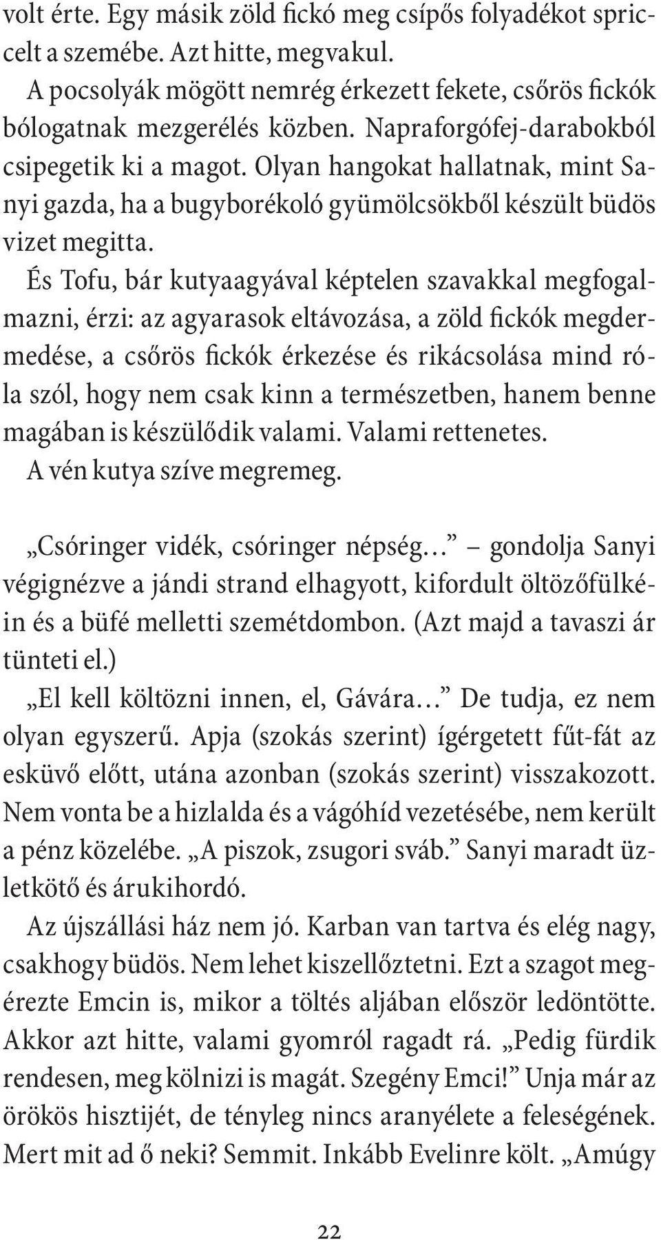 És Tofu, bár kutyaagyával képtelen szavakkal megfogalmazni, érzi: az agyarasok eltávozása, a zöld fickók megdermedése, a csőrös fickók érkezése és rikácsolása mind róla szól, hogy nem csak kinn a