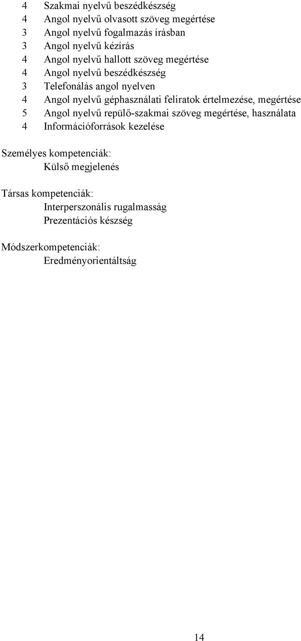 értelmezése, megértése 5 ngol nyelvű repülő-szakmai szöveg megértése, használata 4 Információforrások kezelése Személyes