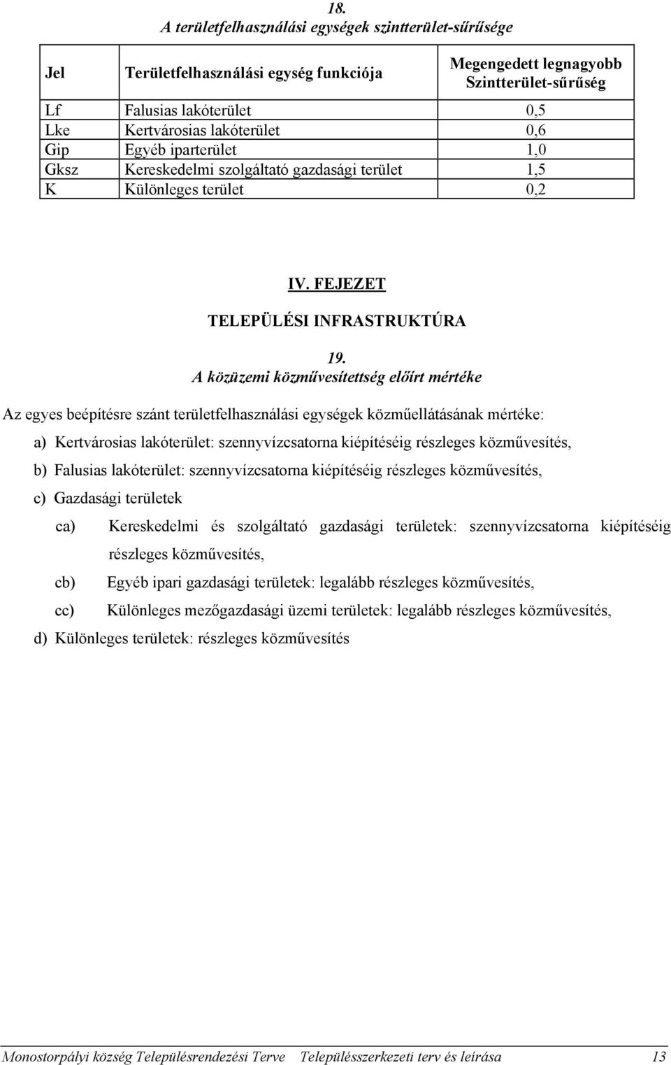 Gip Egyéb iparterület 1,0 Gksz Kereskedelmi szolgáltató gazdasági terület 1,5 K Különleges terület 0,2 IV. FEJEZET TELEPÜLÉSI INFRASTRUKTÚRA 19.