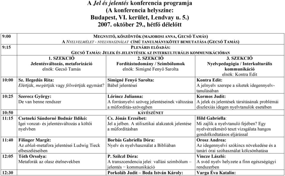 JELENTÉSEK AZ INTERKULTURÁLIS KOMMUNIKÁCIÓBAN 1. SZEKCIÓ Jelentésváltozás, metaforizáció elnök: Gecső Tamás 10:00 Sz. Hegedűs Rita: Elértjük, megértjük vagy félreértjük egymást?