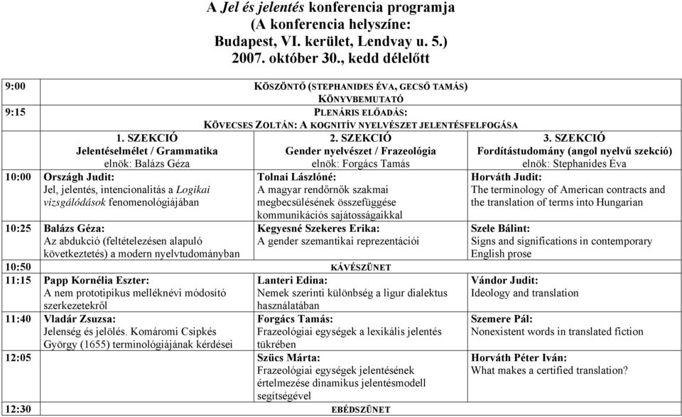 SZEKCIÓ Jelentéselmélet / Grammatika elnök: Balázs Géza 10:00 Országh Judit: Jel, jelentés, intencionalitás a Logikai vizsgálódások fenomenológiájában 10:25 Balázs Géza: Az abdukció (feltételezésen