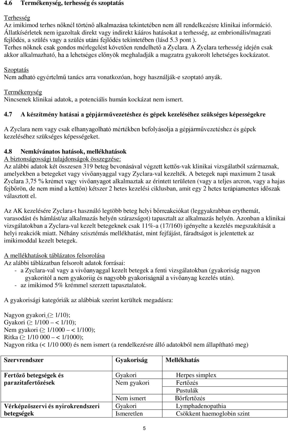 Terhes nőknek csak gondos mérlegelést követően rendelhető a Zyclara. A Zyclara terhesség idején csak akkor alkalmazható, ha a lehetséges előnyök meghaladják a magzatra gyakorolt lehetséges kockázatot.