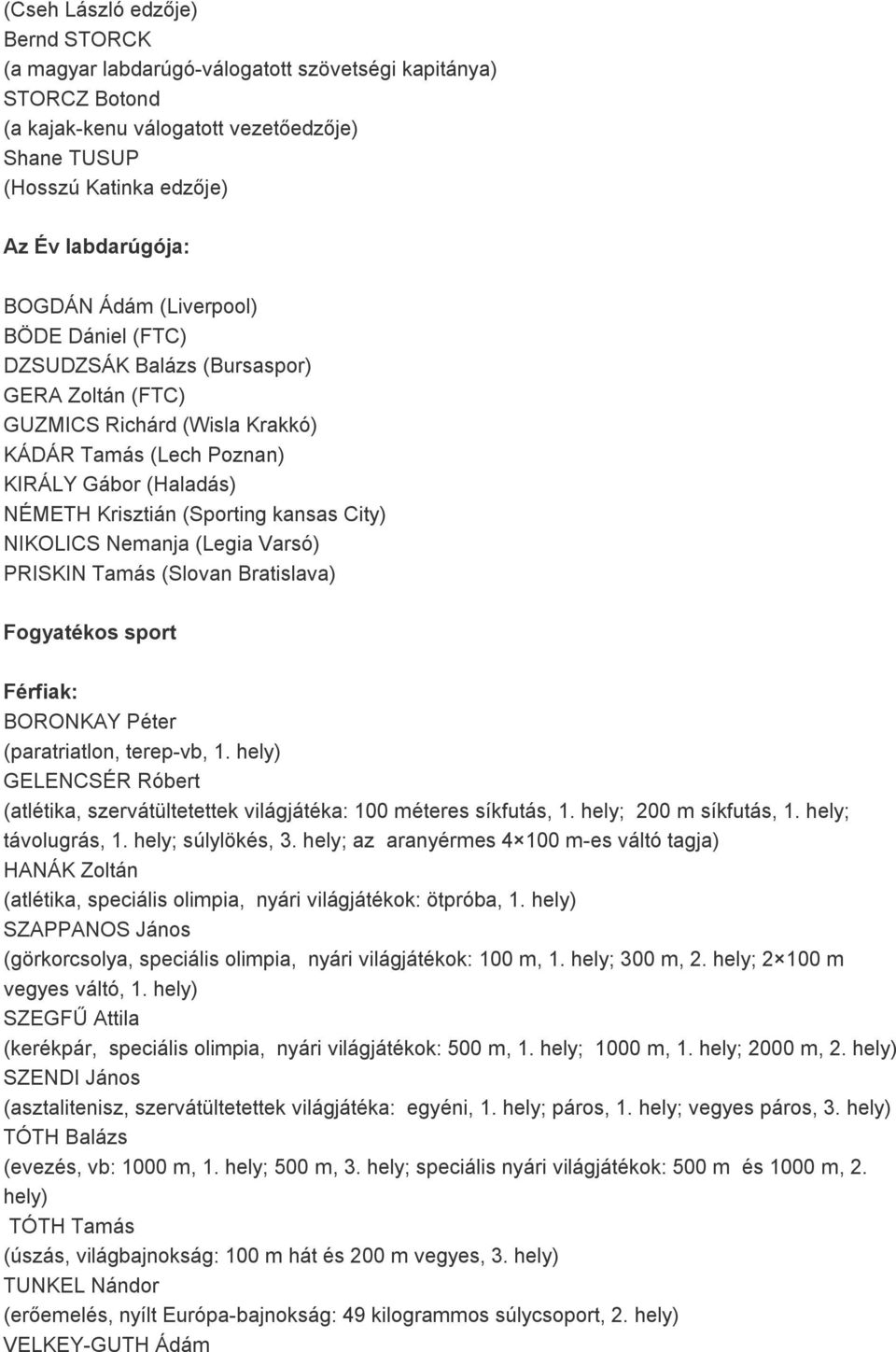 kansas City) NIKOLICS Nemanja (Legia Varsó) PRISKIN Tamás (Slovan Bratislava) Fogyatékos sport Férfiak: BORONKAY Péter (paratriatlon, terep-vb, 1.
