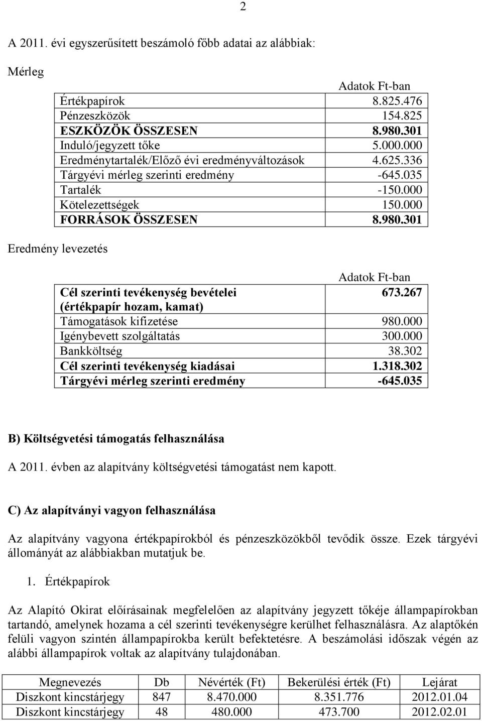 301 Eredmény levezetés Adatok Ft-ban Cél szerinti tevékenység bevételei 673.267 (értékpapír hozam, kamat) Támogatások kifizetése 980.000 Igénybevett szolgáltatás 300.000 Bankköltség 38.