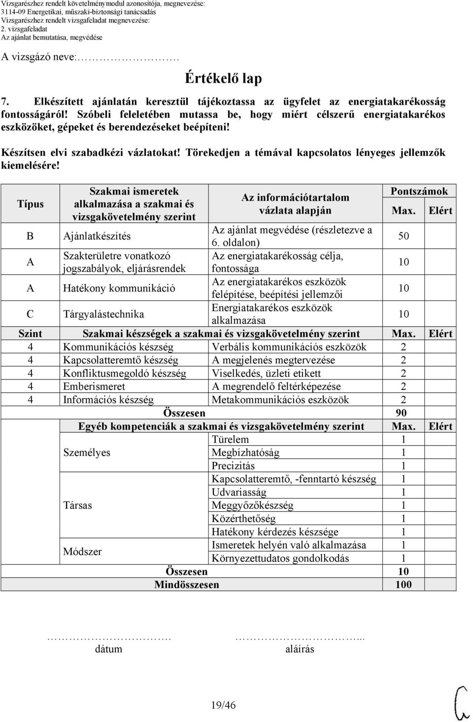 Típus Szakmai ismeretek alkalmazása a szakmai és vizsgakövetelmény szerint Az információtartalom vázlata alapján Pontszámok Max. Elért B Ajánlatkészítés Az ajánlat megvédése (részletezve a 6.