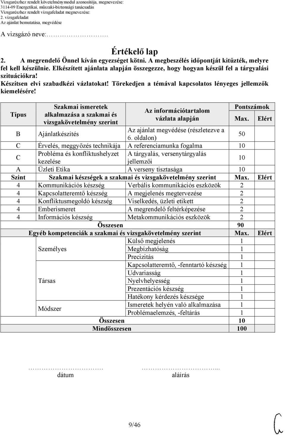 Típus Szakmai ismeretek alkalmazása a szakmai és vizsgakövetelmény szerint Az információtartalom vázlata alapján Pontszámok Max. Elért B Ajánlatkészítés Az ajánlat megvédése (részletezve a 6.