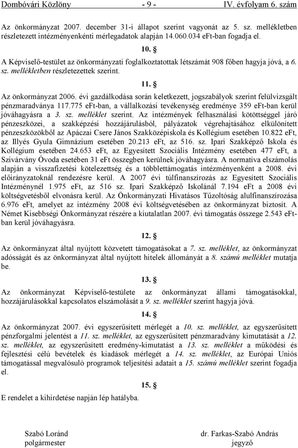 évi gazdálkodása során keletkezett, jogszabályok szerint felülvizsgált pénzmaradványa 117.775 eft-ban, a vállalkozási tevékenység eredménye 359 eft-ban kerül jóváhagyásra a 3. sz. melléklet szerint.