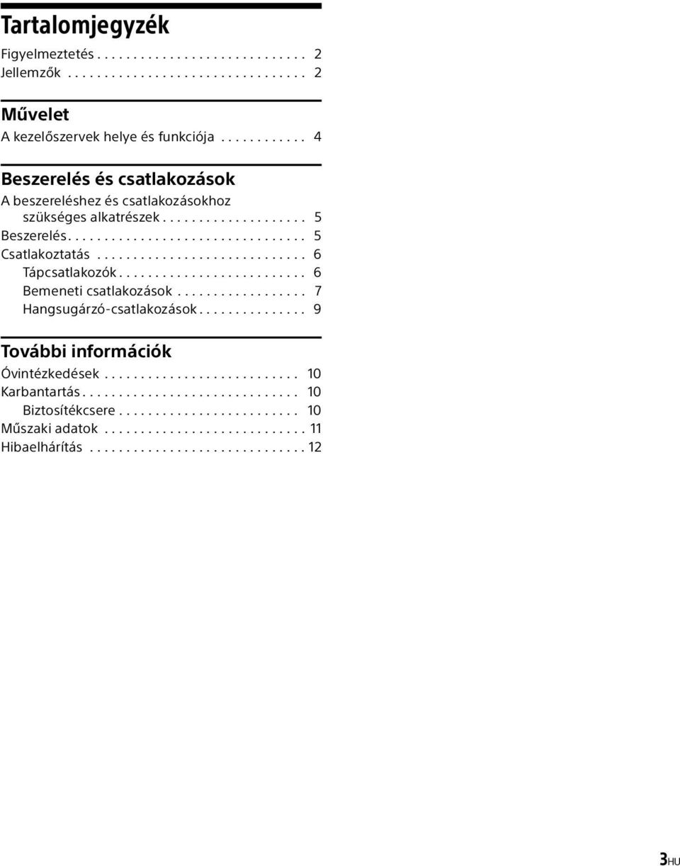 ............................ 6 Tápcsatlakozók.......................... 6 Bemeneti csatlakozások.................. 7 Hangsugárzó-csatlakozások............... 9 További információk Óvintézkedések.