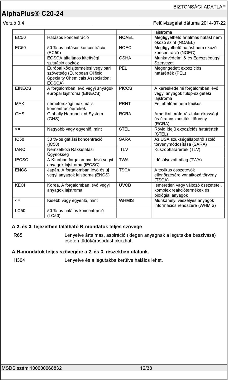 forgalomban lévő vegyi anyagok európai lajstroma (EINECS) németországi maximális koncentrációértékek Globally Harmonized System (GHS) PEL PICCS PRNT Szervezet Megengedett expozíciós határérték (PEL)