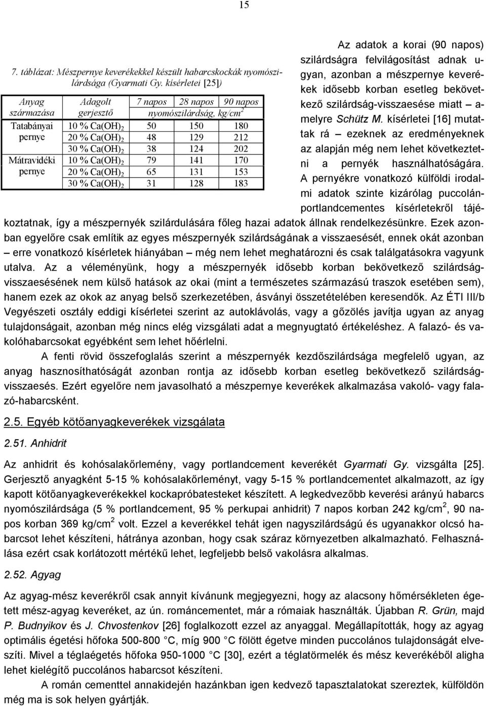 bekövetkező szilárdság-visszaesése miatt a- melyre Schütz M. kísérletei [16] mutattak rá ezeknek az eredményeknek az alapján még nem lehet következtetni a pernyék használhatóságára.