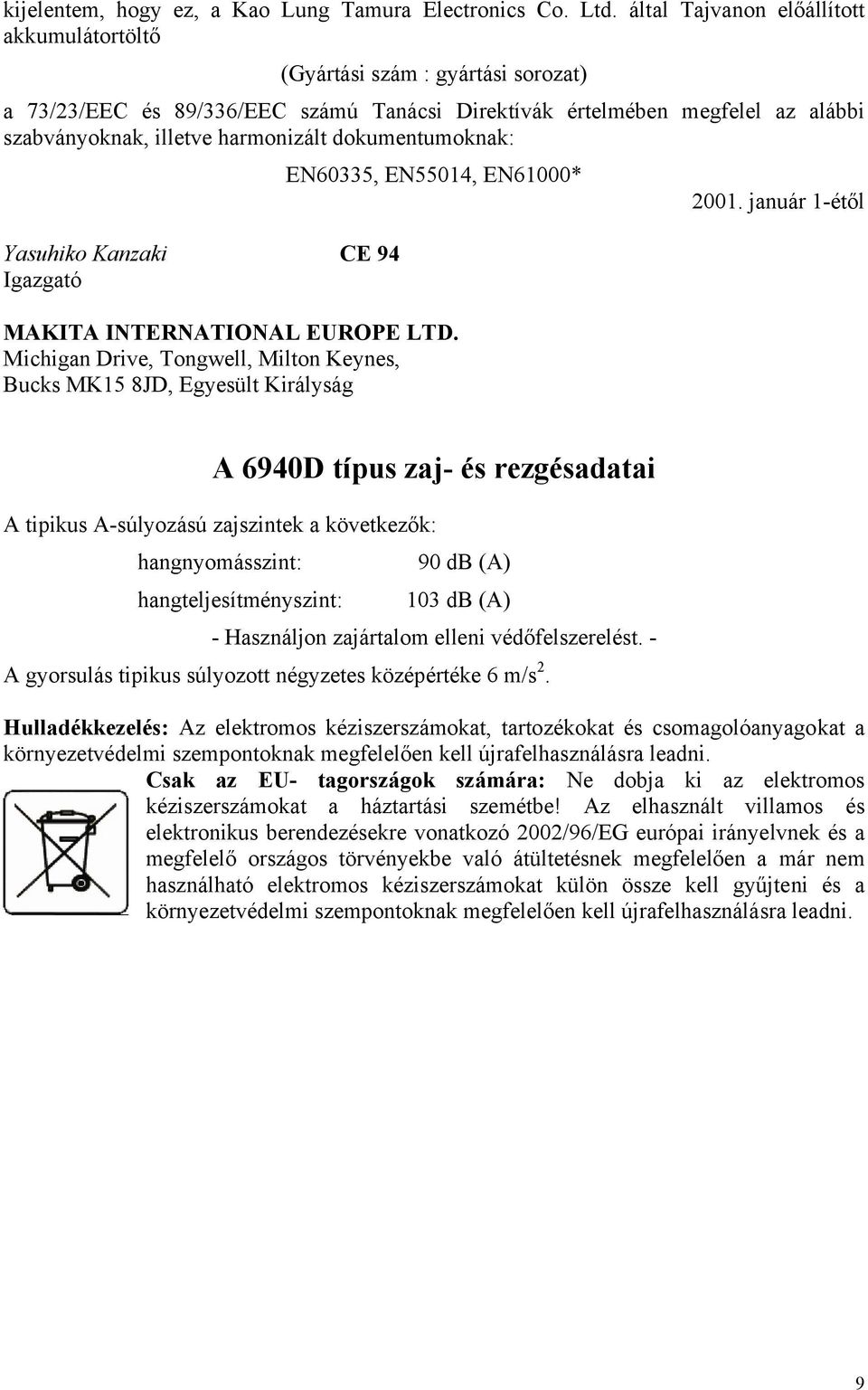 dokumentumoknak: EN60335, EN55014, EN61000* 2001. január 1-étől Yasuhiko Kanzaki CE 94 Igazgató MAKITA INTERNATIONAL EUROPE LTD.