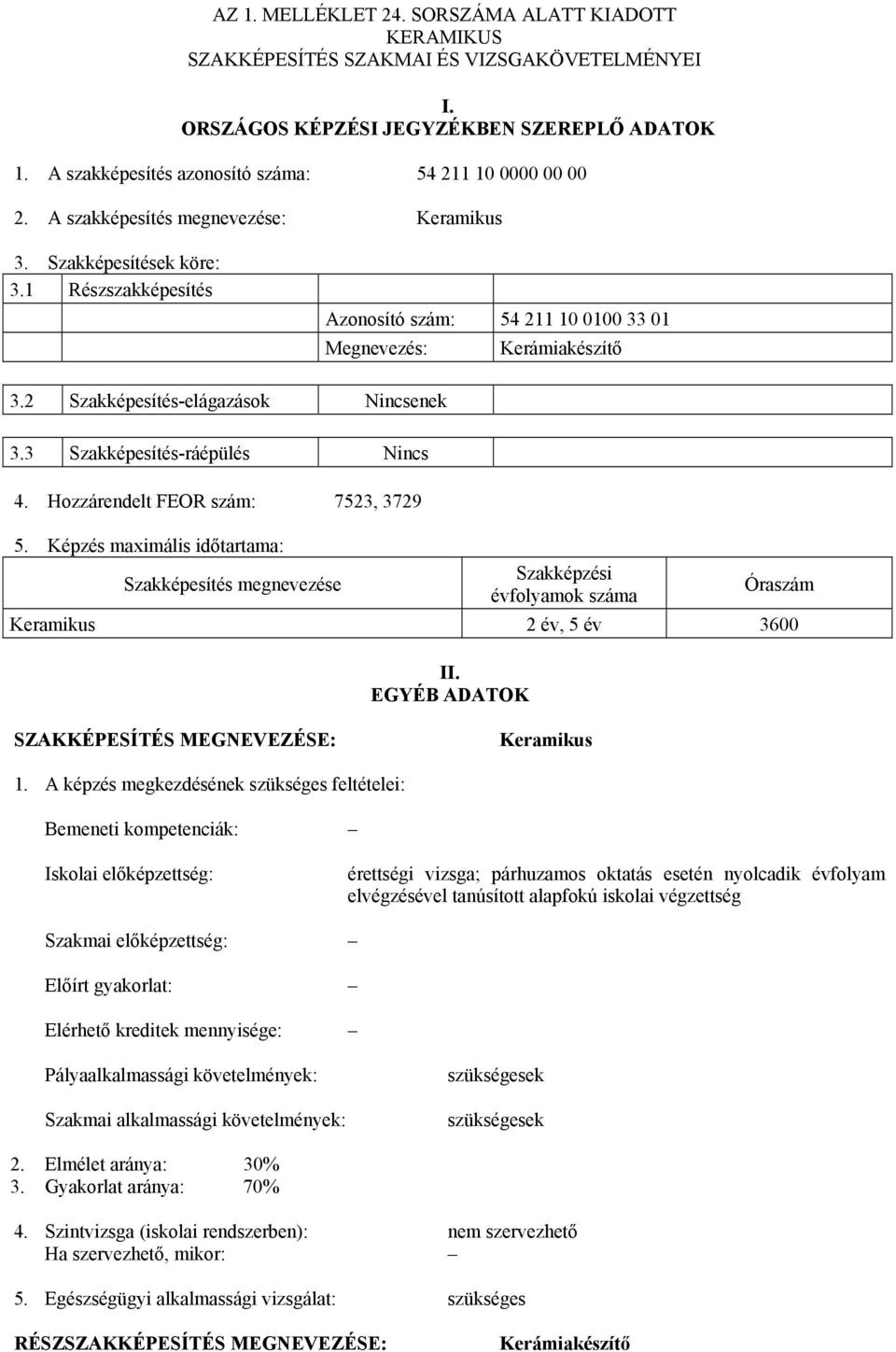 1 Részszakképesítés Azonosító szám: 54 211 10 0100 33 01 Megnevezés: Kerámiakészítő 3.2 Szakképesítés-elágazások Nincsenek 3.3 Szakképesítés-ráépülés Nincs 4. Hozzárendelt FEOR szám: 7523, 3729 5.