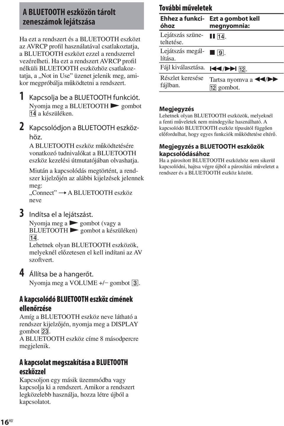 Nyomja meg a BLUETOOTH gombot qf a készüléken. 2 Kapcsolódjon a BLUETOOTH eszközhöz. A BLUETOOTH eszköz működtetésére vonatkozó tudnivalókat a BLUETOOTH eszköz kezelési útmutatójában olvashatja.