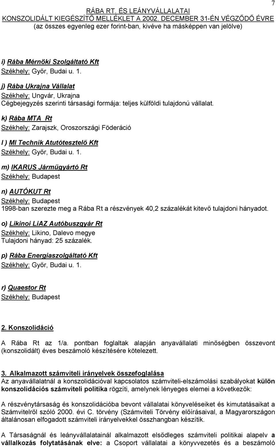 m) IKARUS Járműgyártó Rt Székhely: Budapest n) AUTÓKUT Rt Székhely: Budapest 1998-ban szerezte meg a Rába Rt a részvények 40,2 százalékát kitevő tulajdoni hányadot.