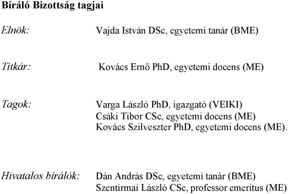 CSc, egyetemi docens (ME) Kovács Szilveszter PhD, egyetemi docens (ME).