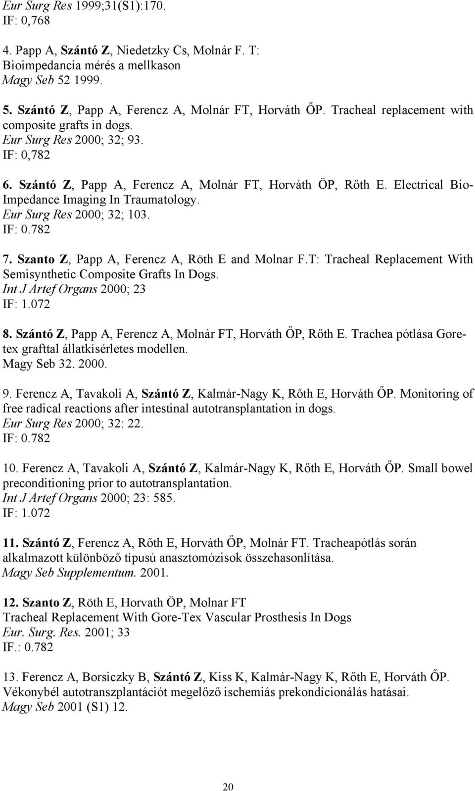 Electrical Bio- Impedance Imaging In Traumatology. Eur Surg Res 2000; 32; 103. IF: 0.782 7. Szanto Z, Papp A, Ferencz A, Röth E and Molnar F.